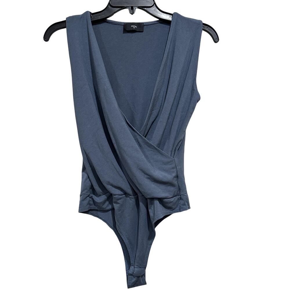 Mynta Bodysuit Womens Size M Petite Blue Gray Wrap Front Surplice Thong Made USA